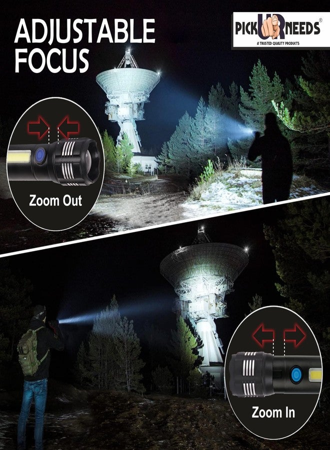 Pick Ur Needs Rechargeable Mini Pocket Torch with High Brightness 3 Type Light + Side COB LED Light Zoom-in and Zoom Out Adjustable Focus Emergency Torch - Image 2